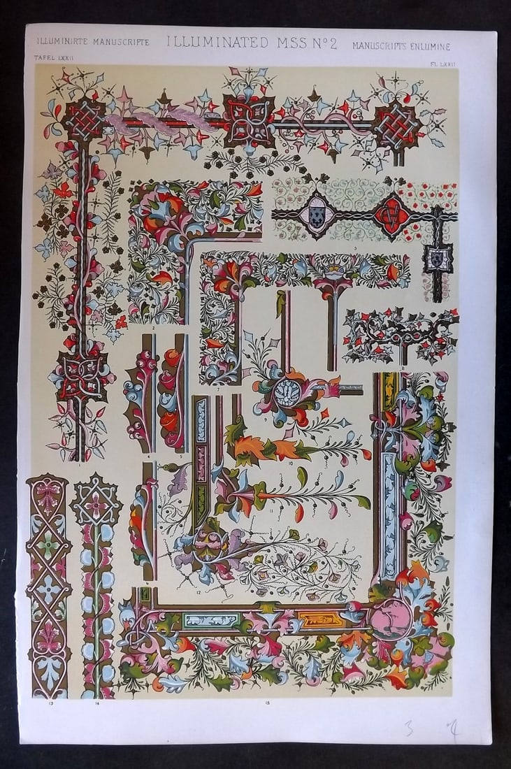Jones, Owen 1910 Folio Design Print. Illumintated Manuscript No. 2: Chromolithograph Published 1910 by Bernard Quaritch, London for "The Grammar of Ornament" by Owen Jones. Paper Size: 13 x 9 inch (33 x 23cm) Good Condition