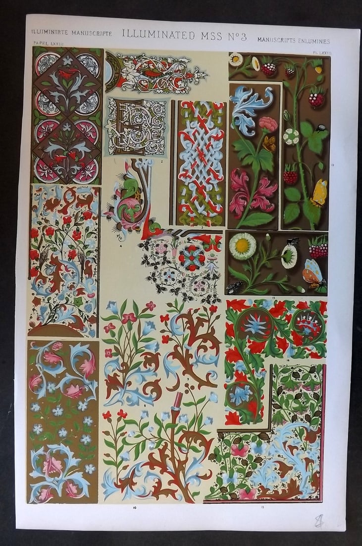 Jones, Owen 1910 Folio Design Print. Illumintated Manuscript No. 3: Chromolithograph Published 1910 by Bernard Quaritch, London for "The Grammar of Ornament" by Owen Jones. Paper Size: 13 x 9 inch (33 x 23cm) Good Condition