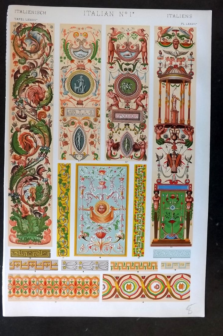 Jones, Owen 1910 Folio Design Print. Italian No. 1*: Chromolithograph Published 1910 by Bernard Quaritch, London for "The Grammar of Ornament" by Owen Jones. Paper Size: 13 x 9 inch (33 x 23cm) Good Condition