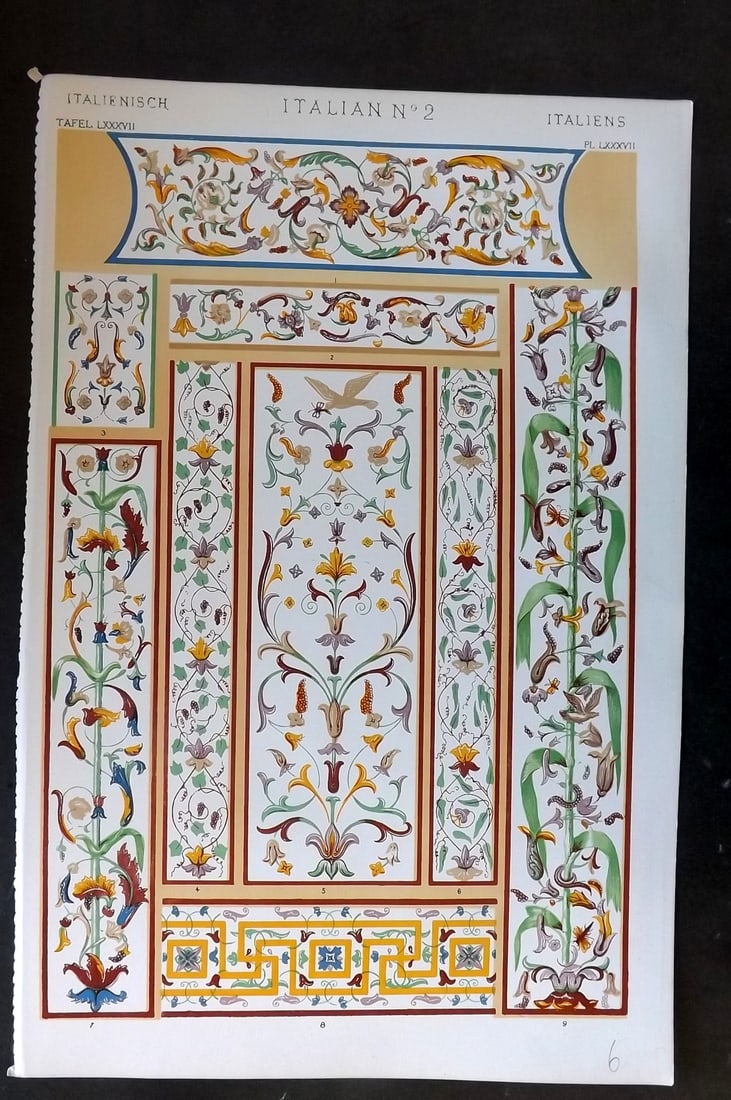 Jones, Owen 1910 Folio Design Print. Italian No. 2: Chromolithograph Published 1910 by Bernard Quaritch, London for "The Grammar of Ornament" by Owen Jones. Paper Size: 13 x 9 inch (33 x 23cm) Good Condition