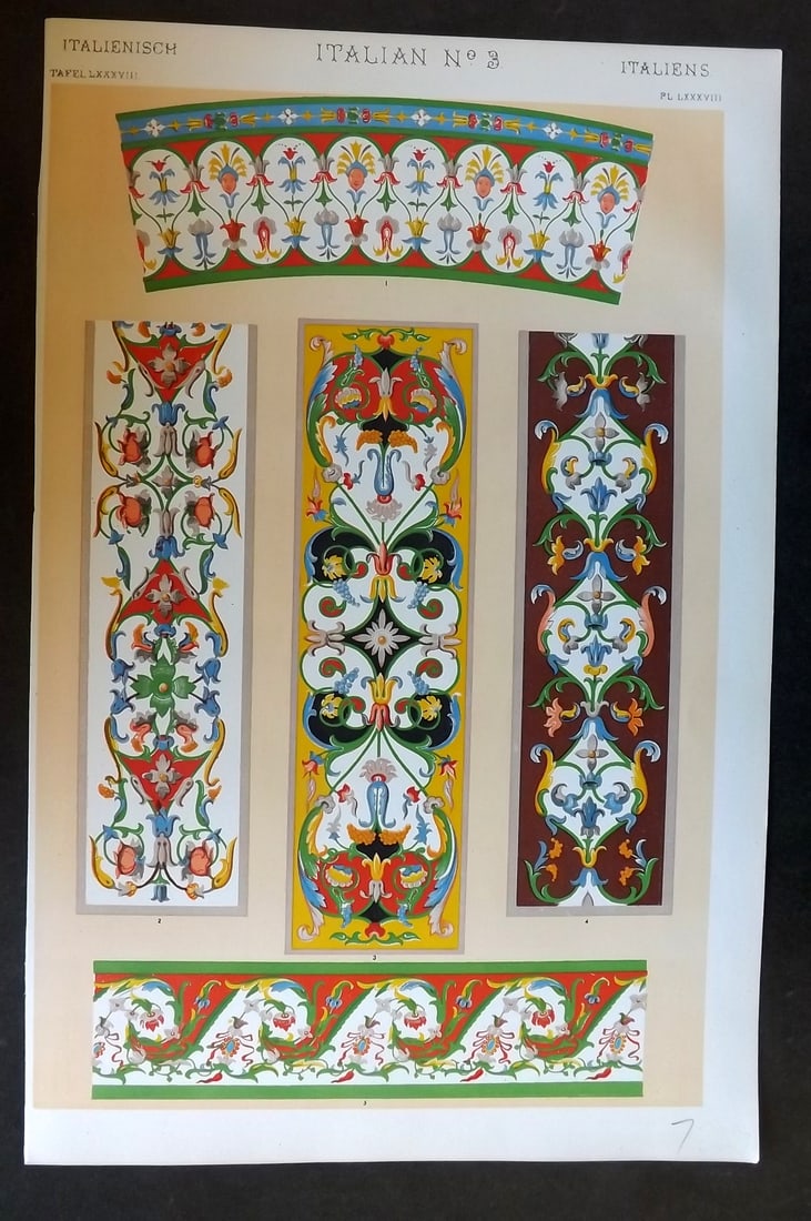 Jones, Owen 1910 Folio Design Print. Italian No. 3: Chromolithograph Published 1910 by Bernard Quaritch, London for "The Grammar of Ornament" by Owen Jones. Paper Size: 13 x 9 inch (33 x 23cm) Good Condition