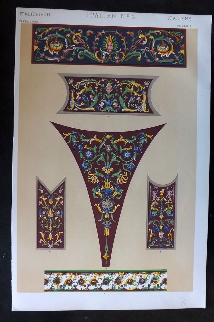 Jones, Owen 1910 Folio Design Print. Italian No. 4: Chromolithograph Published 1910 by Bernard Quaritch, London for "The Grammar of Ornament" by Owen Jones. Paper Size: 13 x 9 inch (33 x 23cm) Good Condition