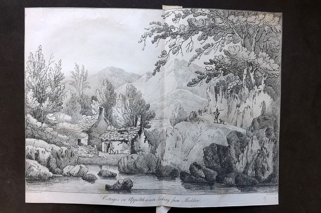 Lysons, Daniel 1816 Antique Print. Cottages in Appelthwaite looking from Skiddaw. Cumbria Lake: Soft Ground Etching Published 1806-22, London for "Magna Britannia; Being A Concise Topographical Account of The Several Counties of Great Britain" by Daniel & Samuel Lysons. Centre fold as published.