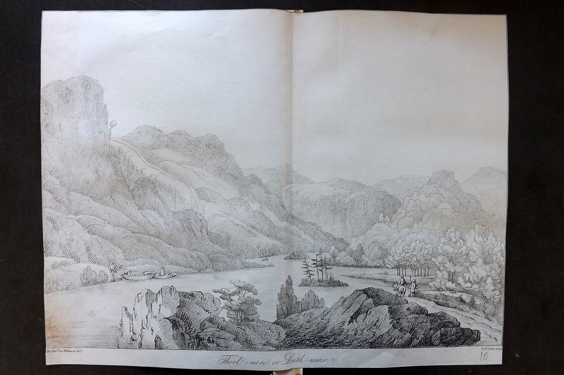 Lysons, Daniel 1816 Antique Print. Thirlmere or Leathwater. Lake District: Soft Ground Etching Published 1806-22, London for "Magna Britannia; Being A Concise Topographical Account of The Several Counties of Great Britain" by Daniel & Samuel Lysons. Centre fold as published.