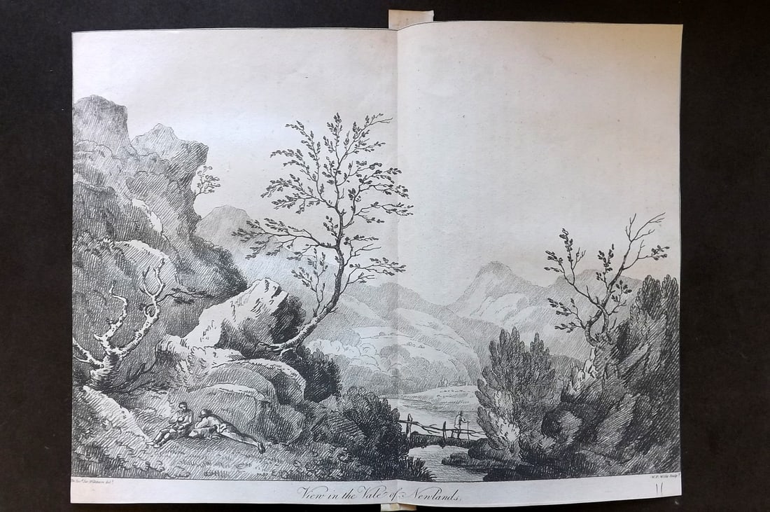 Lysons, Daniel 1816 Antique Print. View in the Vale of Newlands, Cumbria Lake District: Soft Ground Etching Published 1806-22, London for "Magna Britannia; Being A Concise Topographical Account of The Several Counties of Great Britain" by Daniel & Samuel Lysons. Centre fold as published.