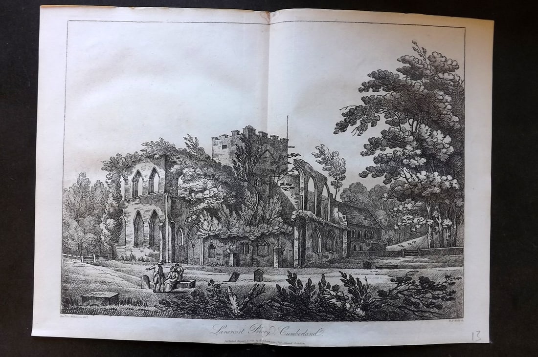 Lysons, Daniel 1816 Antique Print. Lanercost Priory, Cumberland: Soft Ground Etching Published 1806-22, London for "Magna Britannia; Being A Concise Topographical Account of The Several Counties of Great Britain" by Daniel & Samuel Lysons. Centre fold as published.
