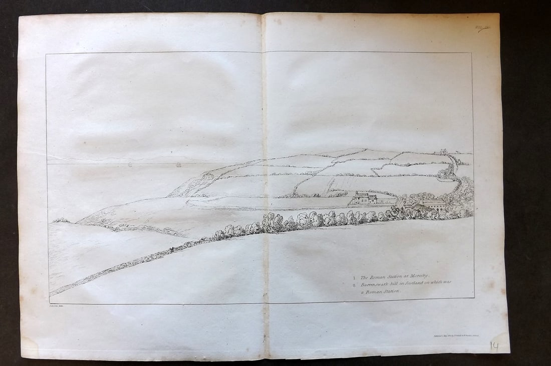 Lysons, Daniel 1816 Antique Print. Roman Station at Moresby, Cumbria: Soft Ground Etching Published 1806-22, London for "Magna Britannia; Being A Concise Topographical Account of The Several Counties of Great Britain" by Daniel & Samuel Lysons. Centre fold as published.