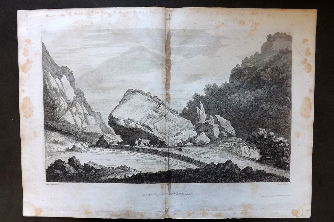 Lysons, Daniel 1816 Antique Print. Bowder Stone and Barrowdale. Cumbria: Copper Plate Published 1806-22, London for "Magna Britannia; Being A Concise Topographical Account of The Several Counties of Great Britain" by Daniel & Samuel Lysons. Centre fold as published. Paper