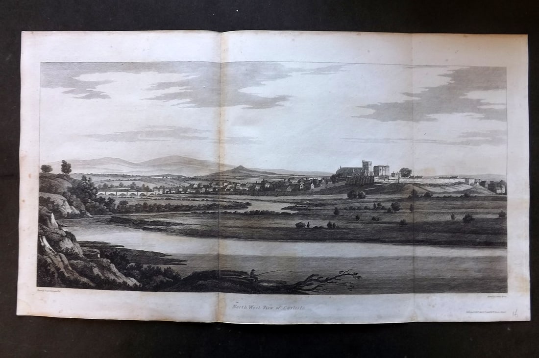 Lysons, Daniel 1816 LG Antique Print. North West View of Carlisle: Large Folio Copper Plate Published 1806-22, London for "Magna Britannia; Being A Concise Topographical Account of The Several Counties of Great Britain" by Daniel & Samuel Lysons. Folds as published.