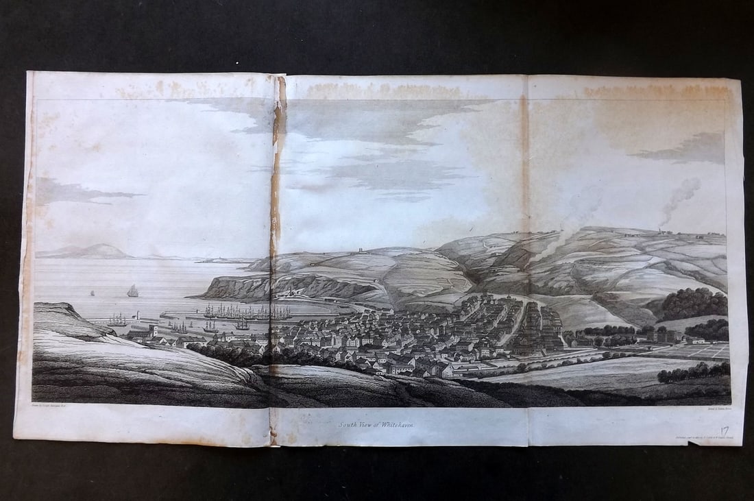 Lysons, Daniel 1816 LG Antique Print. South West View of Whitehaven, Cumbria: Large Folio Copper Plate Published 1806-22, London for "Magna Britannia; Being A Concise Topographical Account of The Several Counties of Great Britain" by Daniel & Samuel Lysons. Folds as published.