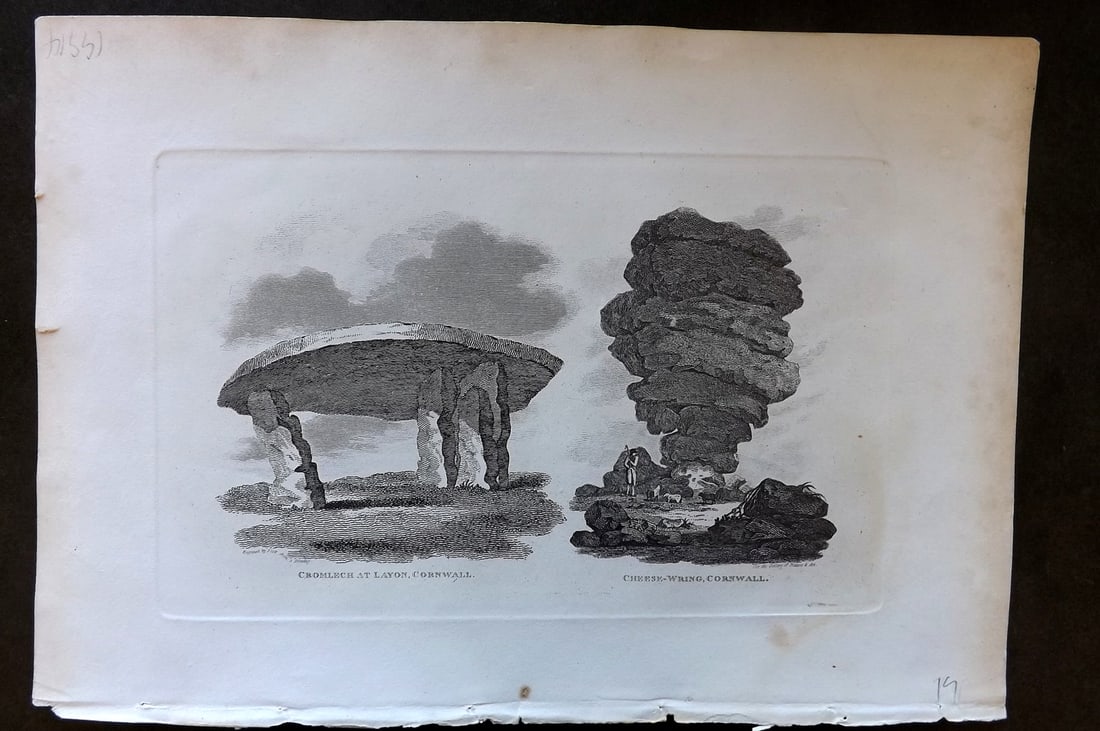 Polehampton, Edward 1823 Antique Print. Cromlech at Layon & Cheese Wring, Cornwall: Copper Plate Published 1823, London for "The Gallery of Nature and Art: or, A Tour Through Creation and Science" by the Rev. Edward Polehampton & John M. Good. Paper Size: 10 x 7 inch (26 x 18cm) Good