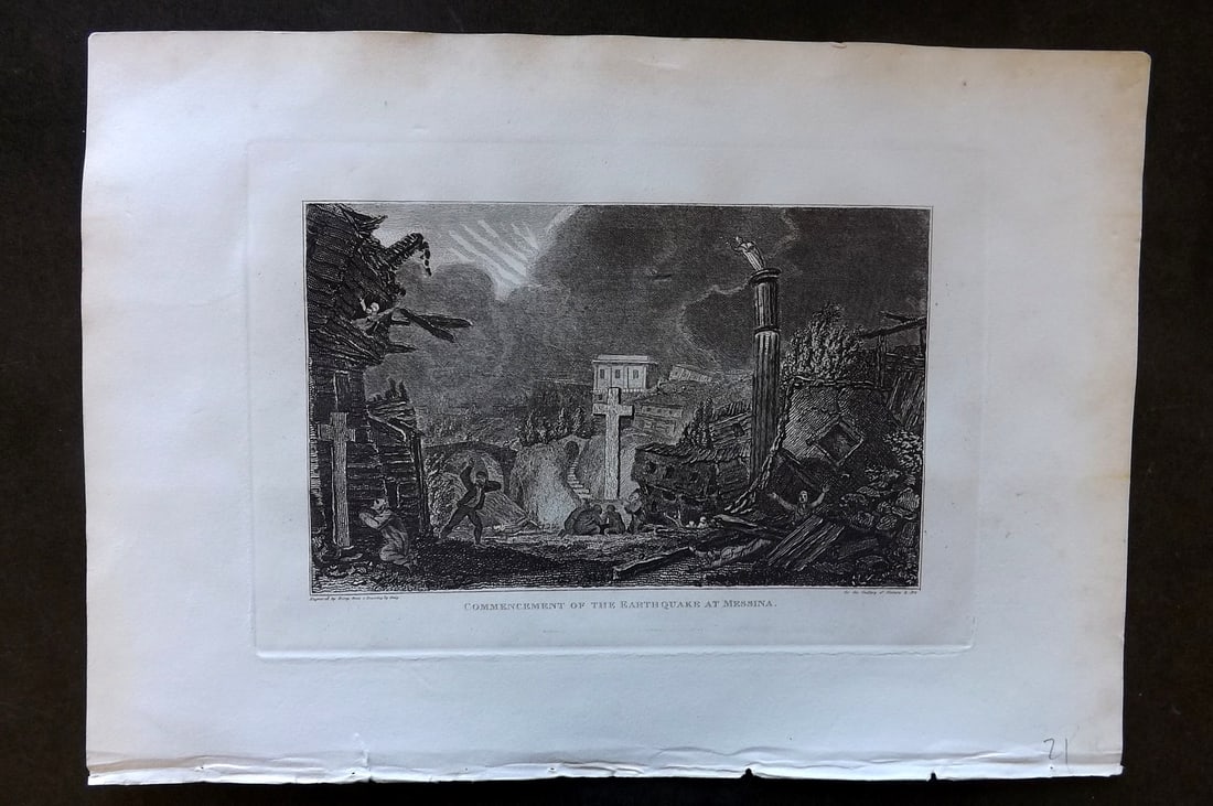 Polehampton, Edward 1823 Print. Commencement of the Earthquake at Messina, Sicily Italy: Copper Plate Published 1823, London for "The Gallery of Nature and Art: or, A Tour Through Creation and Science" by the Rev. Edward Polehampton & John M. Good. Paper Size: 10 x 7 inch (26 x 18cm) Good