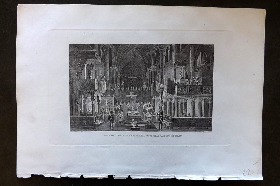 Polehampton, Edward 1823 Antique Print. Interior View of the Church at Salerno, Italy: Copper Plate Published 1823, London for "The Gallery of Nature and Art: or, A Tour Through Creation and Science" by the Rev. Edward Polehampton & John M. Good. Paper Size: 10 x 7 inch (26 x 18cm) Tiny