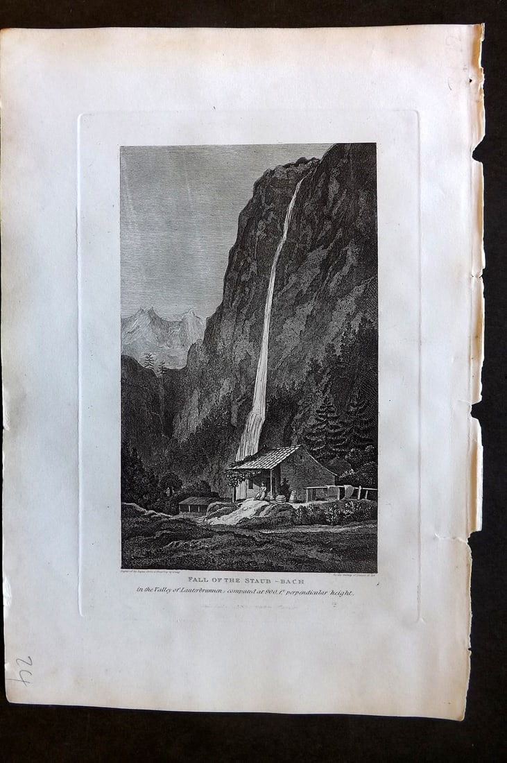 Polehampton, Edward 1823 Fall of the Staub - Bach, Valley of Lauterbrunnen Switzerland: Copper Plate Published 1823, London for "The Gallery of Nature and Art: or, A Tour Through Creation and Science" by the Rev. Edward Polehampton & John M. Good. Paper Size: 10 x 7 inch (26 x 18cm) Good