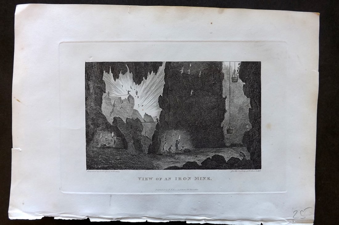 Polehampton, Edward 1823 Antique Print. View of an Iron Mine: Copper Plate Published 1823, London for "The Gallery of Nature and Art: or, A Tour Through Creation and Science" by the Rev. Edward Polehampton & John M. Good. Paper Size: 10 x 7 inch (26 x 18cm) Good