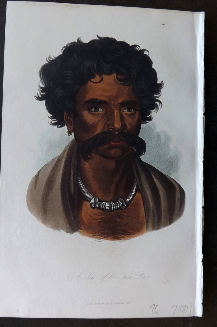 Prichard, James 1848 Hand Col Print. A Man of the Tuda Race. Coimbatore India 41: Hand Colored Aquatint Published 1848, London for "The Natural History of Man" by James Cowles Prichard. Fine hand colour as issued. On good quality Whatman Turkey Mill Wove Paper. Paper Size: 8.5 x 5.