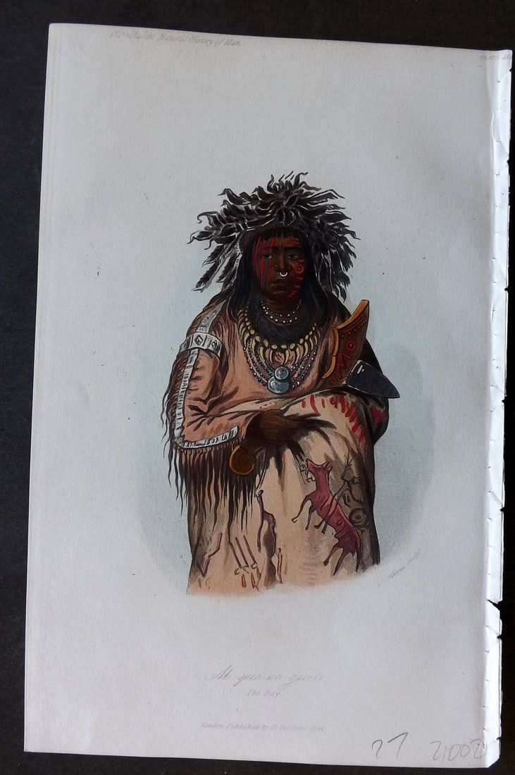 Prichard, James 1848 Hand Col Print. Ak-kee-we-Zants. The Boy. Native American USA 42: Hand Colored Aquatint Published 1848, London for "The Natural History of Man" by James Cowles Prichard. Fine hand colour as issued. On good quality Whatman Turkey Mill Wove Paper. Paper Size: 8.5 x 5.