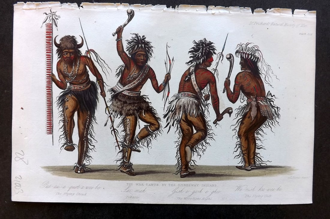 Prichard, James 1848 Hand Col Print. The War-Dance, by the Ojibway Indians. USA 49: Hand Colored Aquatint Published 1848, London for "The Natural History of Man" by James Cowles Prichard. Fine hand colour as issued. On good quality Whatman Turkey Mill Wove Paper. Paper Size: 8.5 x 5.