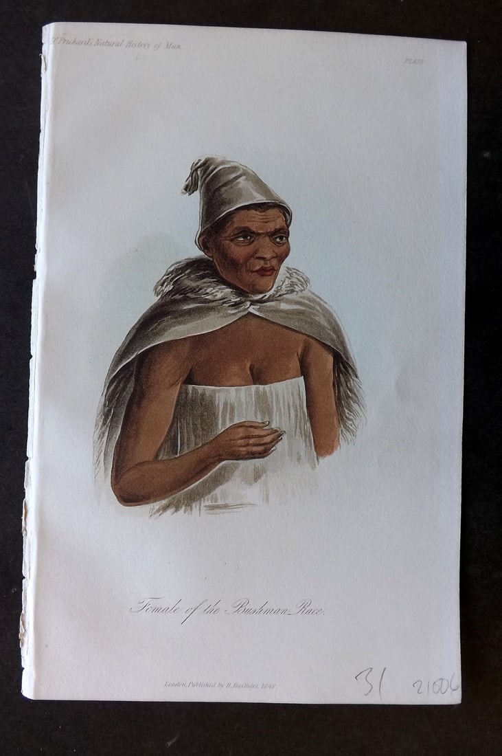 Prichard, James 1848 Hand Col Print. Female of the Bushman Race. Africa 17: Hand Colored Aquatint Published 1848, London for "The Natural History of Man" by James Cowles Prichard. Fine hand colour as issued. On good quality Whatman Turkey Mill Wove Paper. Paper Size: 8.5 x 5.