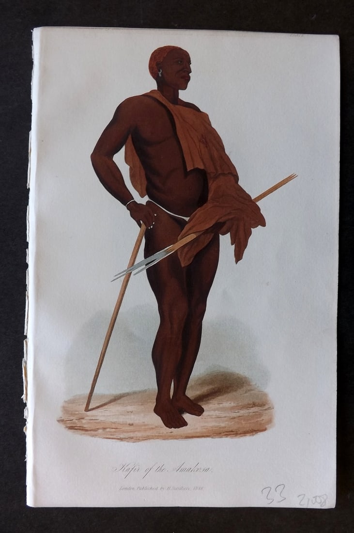 Prichard, James 1848 Hand Col Print. Kaffir of the Amakosa. Africa 20A: Hand Colored Aquatint Published 1848, London for "The Natural History of Man" by James Cowles Prichard. Fine hand colour as issued. On good quality Whatman Turkey Mill Wove Paper. Paper Size: 8.5 x 5.