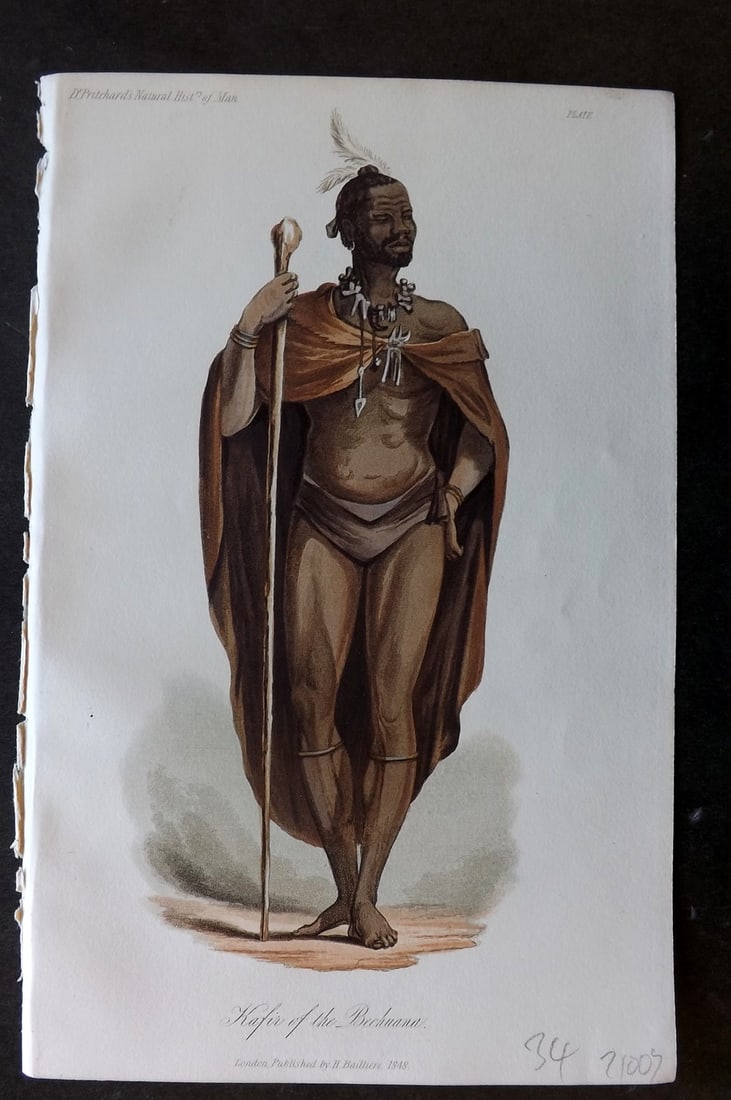 Prichard, James 1848 Hand Col Print. Kaffir of the Bechuaana. Africa 21A: Hand Colored Aquatint Published 1848, London for "The Natural History of Man" by James Cowles Prichard. Fine hand colour as issued. On good quality Whatman Turkey Mill Wove Paper. Paper Size: 8.5 x 5.