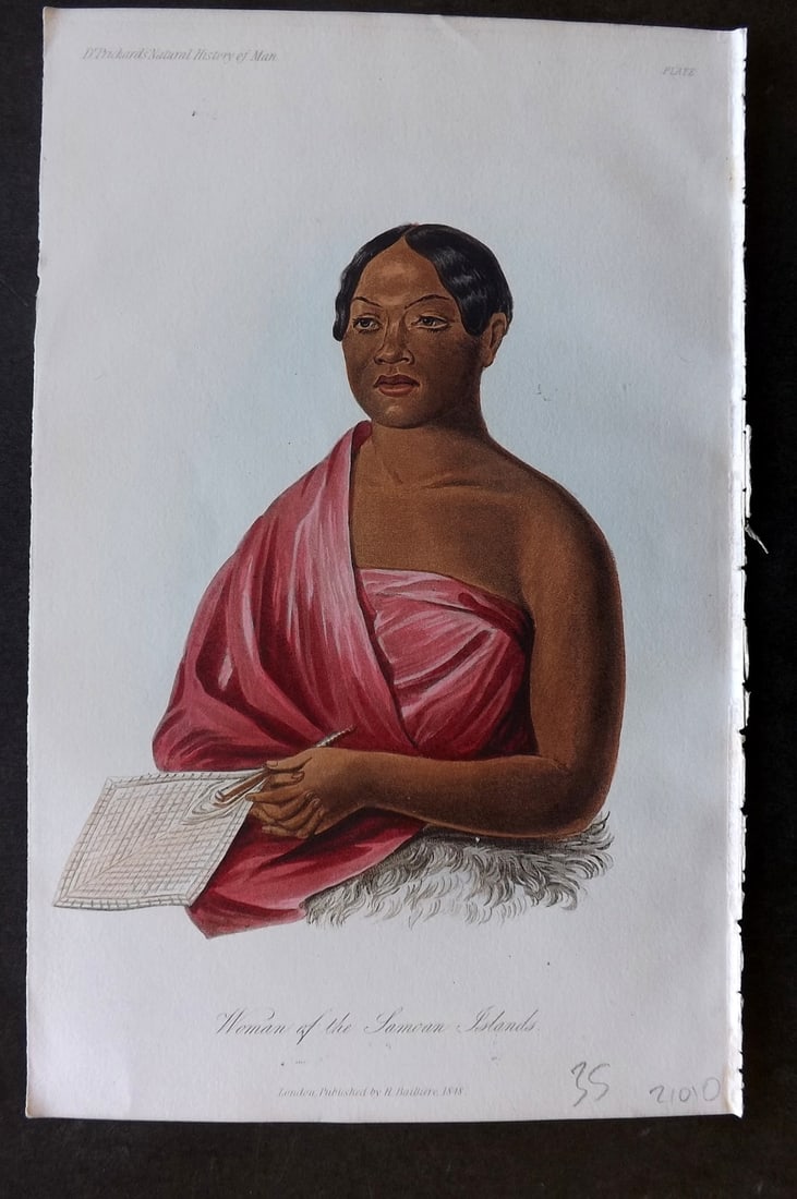 Prichard, James 1848 Hand Col Print. Woman of the Samoan Islands, Pacific 27A: Hand Colored Aquatint Published 1848, London for "The Natural History of Man" by James Cowles Prichard. Fine hand colour as issued. On good quality Whatman Turkey Mill Wove Paper. Paper Size: 8.5 x 5.