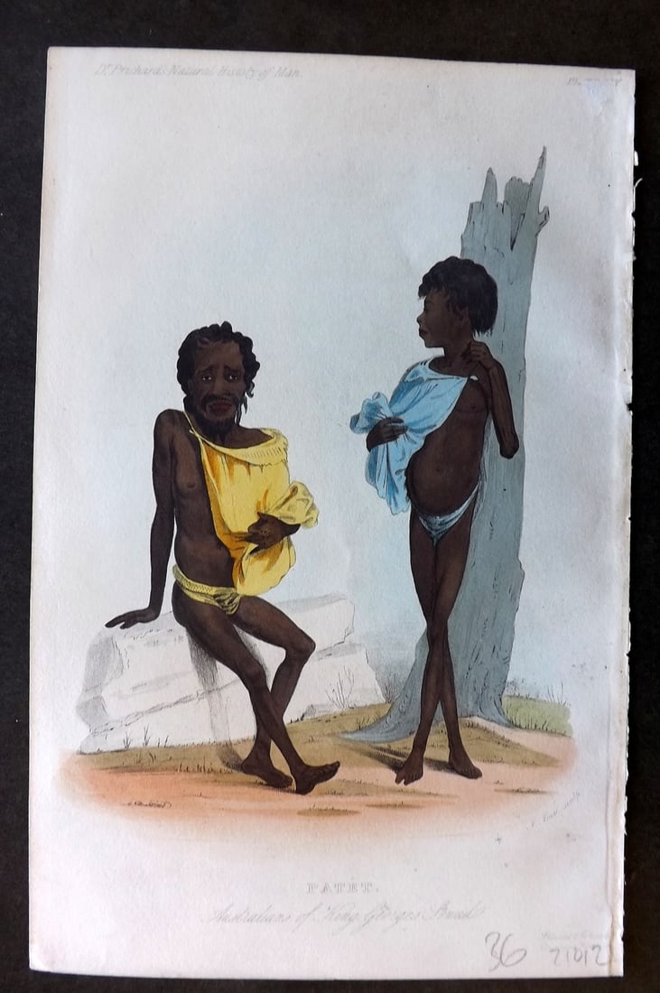 Prichard, James 1848 Hand Col Print. Australians of King Georges Sound. Aborigines: Hand Colored Aquatint Published 1848, London for "The Natural History of Man" by James Cowles Prichard. Fine hand colour as issued. On good quality Whatman Turkey Mill Wove Paper. Paper Size: 8.5 x 5.