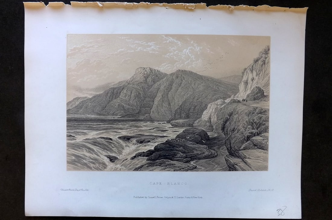 Roberts, David 1887 Holy Land Print. Cape Blanco: Lithograph Published 1887 by Cassell, Petter & Galpin, London for "The Holy Land" by David Roberts, Louis Haghe, and George Croly. The third edition of Roberts's Holy Land Views. Paper Size: 12.5 x 9.