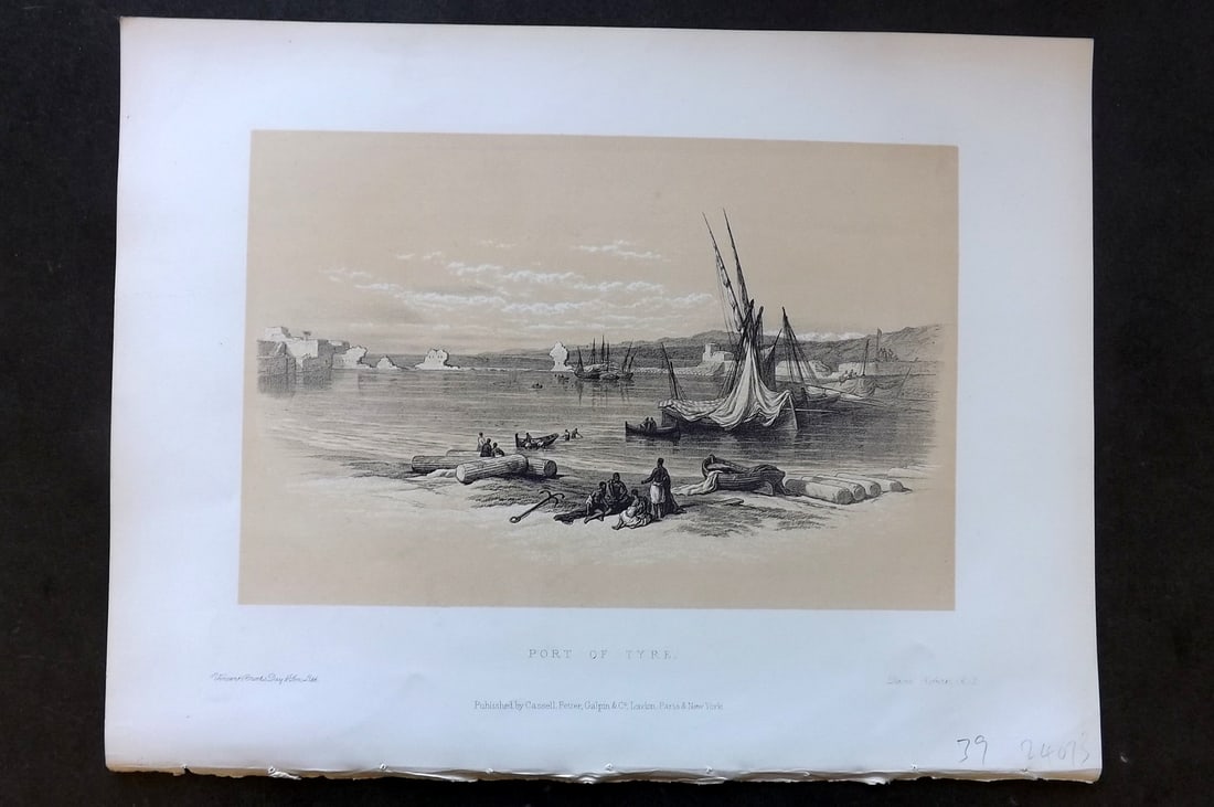Roberts, David 1887 Holy Land Print. Port of Tyre. Lebanon: Lithograph Published 1887 by Cassell, Petter & Galpin, London for "The Holy Land" by David Roberts, Louis Haghe, and George Croly. The third edition of Roberts's Holy Land Views. Paper Size: 12.5 x 9.