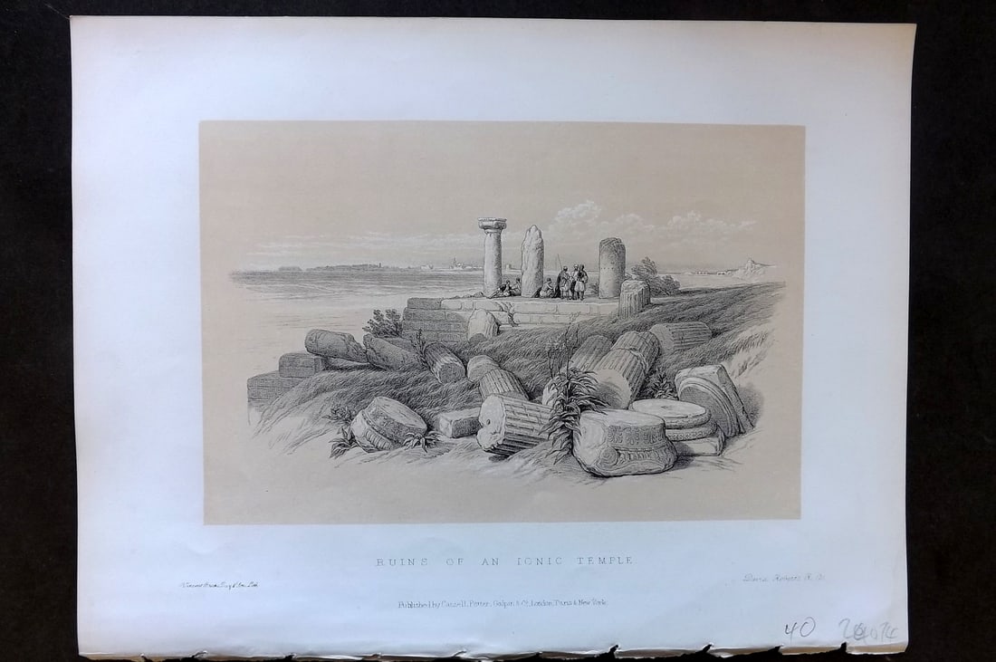 Roberts, David 1887 Holy Land Print. Ruins of a Ionic Temple: Lithograph Published 1887 by Cassell, Petter & Galpin, London for "The Holy Land" by David Roberts, Louis Haghe, and George Croly. The third edition of Roberts's Holy Land Views. Paper Size: 12.5 x 9.