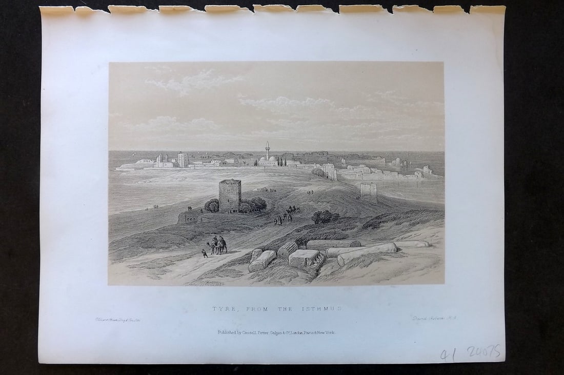 Roberts, David 1887 Holy Land Print. Tyre from the Isthmus: Lithograph Published 1887 by Cassell, Petter & Galpin, London for "The Holy Land" by David Roberts, Louis Haghe, and George Croly. The third edition of Roberts's Holy Land Views. Paper Size: 12.5 x 9.
