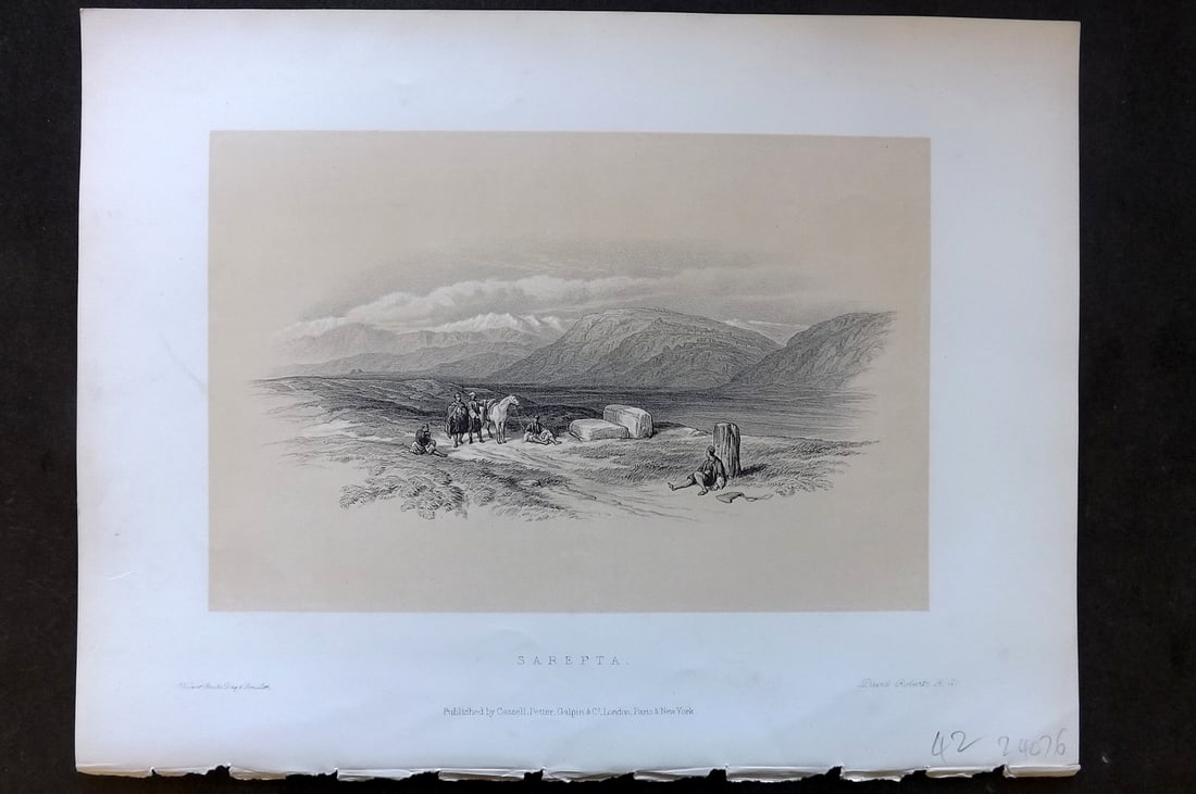 Roberts, David 1887 Holy Land Print. Sarepta: Lithograph Published 1887 by Cassell, Petter & Galpin, London for "The Holy Land" by David Roberts, Louis Haghe, and George Croly. The third edition of Roberts's Holy Land Views. Paper Size: 12.5 x 9.