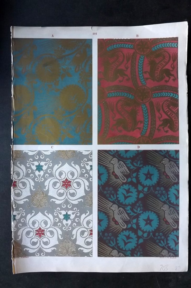 Fischbach, Frederick 1884 Folio Textile Print. Backgrounds of Old German Paintings, North Italian: Folio Chromolithograph Published 1882-84, London for "Ornament of Textile Fabrics" by Frederick Fischbach. Scarce. Paper Size: 17 x 12 inch (43 x 30cm) Good Condition