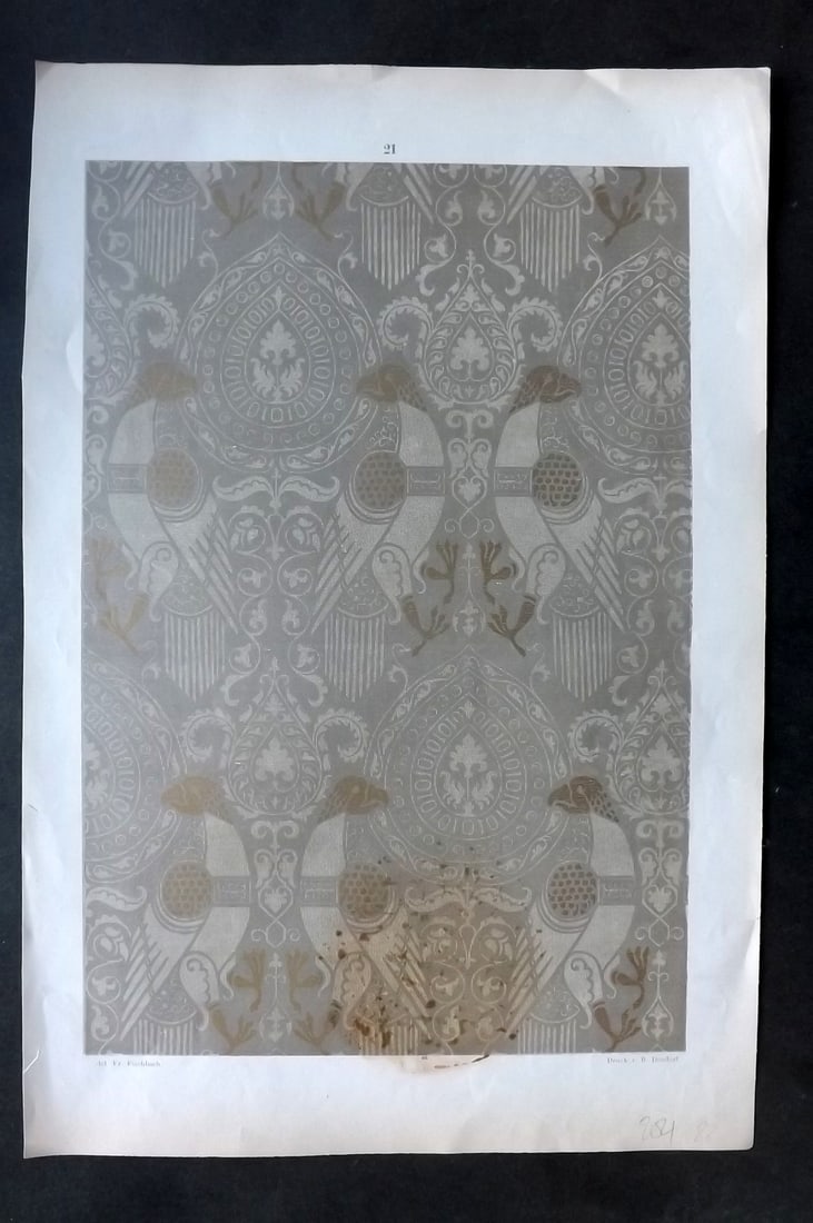 Fischbach, Frederick 1884 Folio Textile Print. Byzantine Fabric of the 13th Cent 21: Folio Chromolithograph Published 1882-84, London for "Ornament of Textile Fabrics" by Frederick Fischbach. Scarce. Paper Size: 17 x 12 inch (43 x 30cm) Minor stain at bottom, otherwise Good Condition