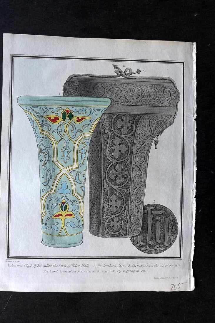 Lysons, Daniel 1816 Hand Col Print. Ancient Glass Vessel Called the Luck of Eden Hall & Its case: Aquatint Etching Published 1806-22, London for "Magna Britannia; Being A Concise Topographical Account of The Several Counties of Great Britain" by Daniel & Samuel Lysons. Paper Size: 11.5 x 8.5 inch