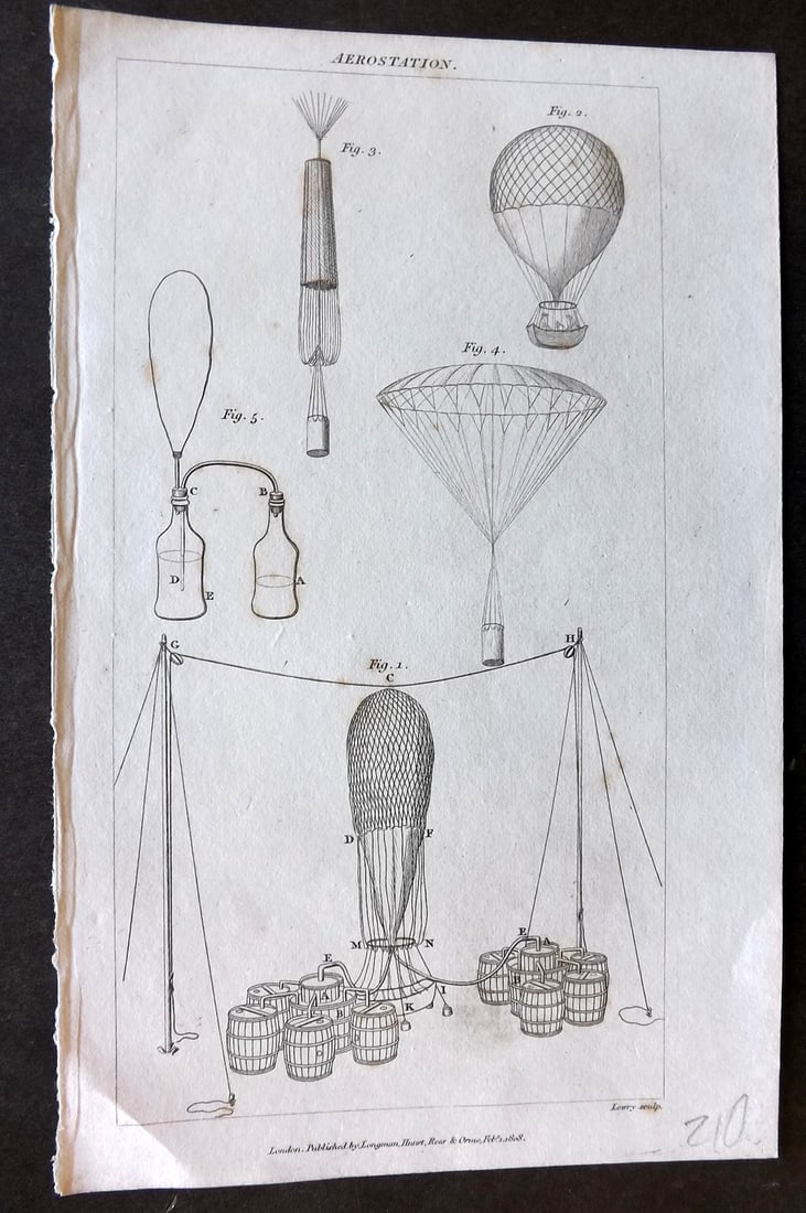 Nicholson, William 1809 Print. Aerostation Balloon: Copper Plate Published 1809, London for "The British Encyclopedia..." by William Nicholson. Paper Size: 8 x 5 inch (21 x 13cm) Very minor toning. Good Condition