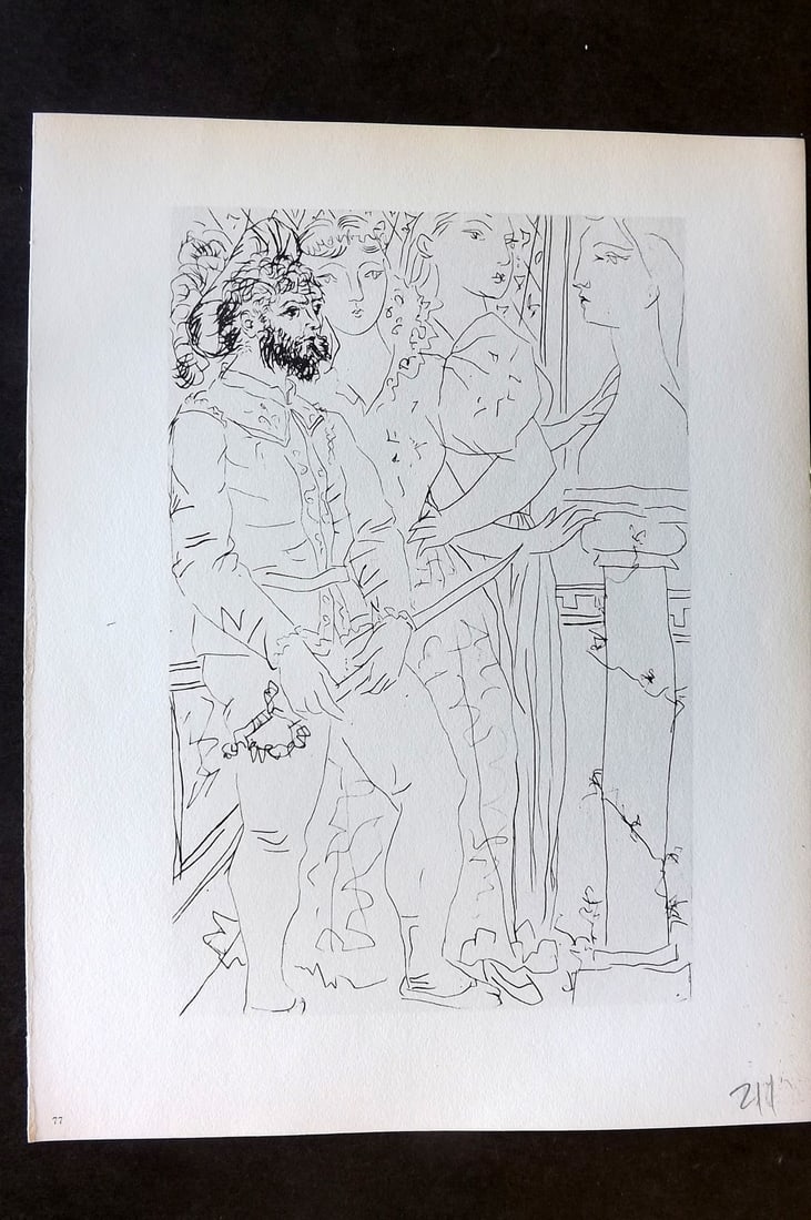 Picasso Vollard 1956 Three Costumed Figures Viewing a Sculptured Bust 77: Vintage Photogravure Published 1956, London for "Picasso's Vollard Suite" First English Edition of 100 Etchings created by Picasso between 1930-37. Printed on Good Quality Paper in Germany. Paper Size