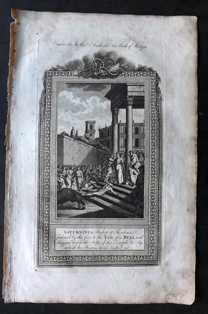Southwell, Henry 1785 Martyrs Print. Saturninus, Bishop of Toulouse dragged by Bull: Folio Copper Plate Published 1785, London for "The New Book of Martyrs" by Henry Southwell. Paper Size: 14.5 x 9 inch (37 x 23cm) Good Condition