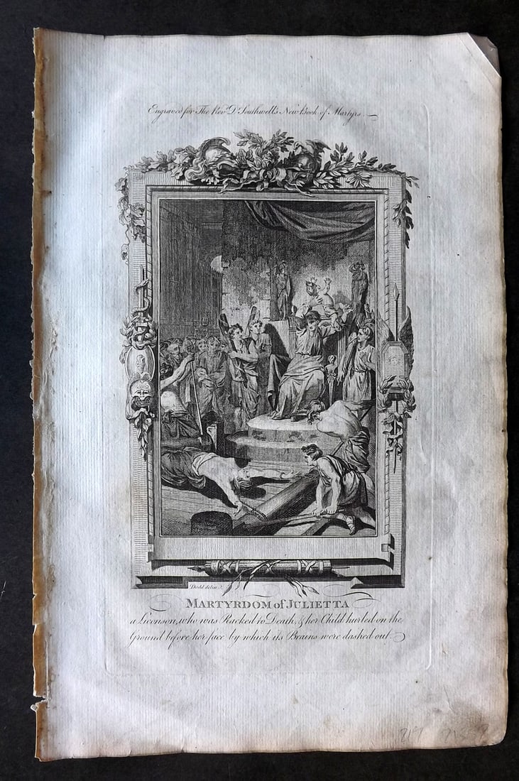 Southwell, Henry 1785 Folio Martyrs Print. Martyrdom of Julietta: Folio Copper Plate Published 1785, London for "The New Book of Martyrs" by Henry Southwell. Paper Size: 14.5 x 9 inch (37 x 23cm) Good Condition