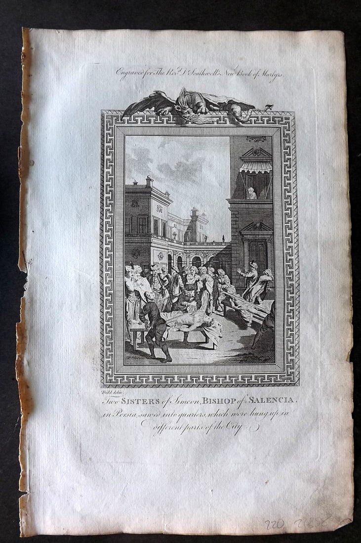 Southwell, Henry 1785 Folio Martyrs Print. Sisters of Simeon, Bishops of Salencia: Folio Copper Plate Published 1785, London for "The New Book of Martyrs" by Henry Southwell. Paper Size: 14.5 x 9 inch (37 x 23cm) Good Condition