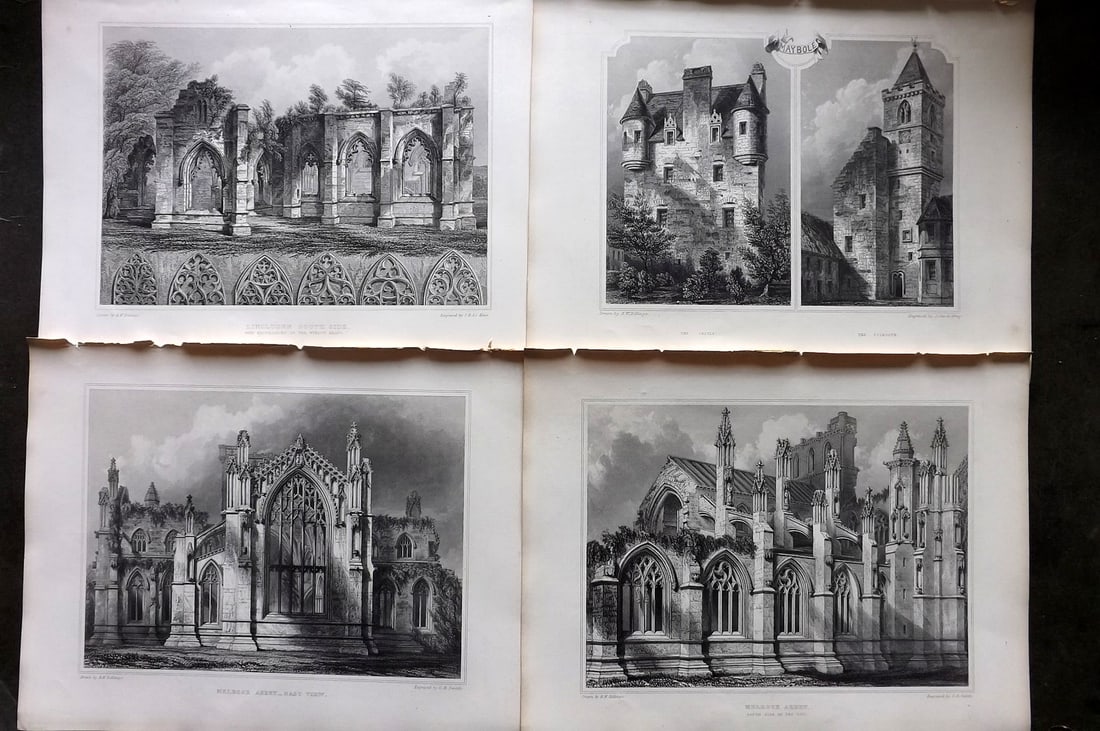 Billings, Robert C1850 Lot of 4 Scottish Steel Engraved Views Scotland: Folio Steel Engraving Published 1845-52, London for "The Baronial and Ecclesiastical Antiquities of Scotland" Illustrated by Robert William Billings. Paper Size: 11.5 x 8.5 inch (29 x 22cm) Good Condi