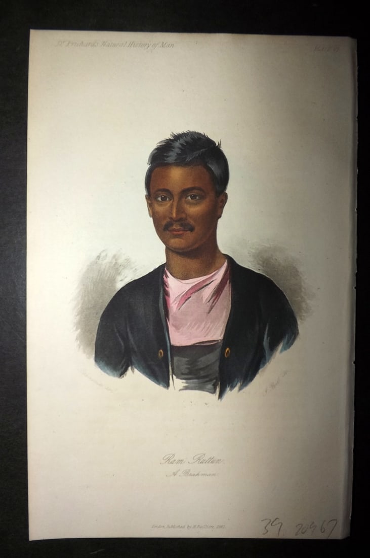 Prichard, James 1848 Hand Col Print. Portrait of Ben Rattun, a Brahman. India 06: Hand Colored Aquatint Published 1848, London for "The Natural History of Man" by James Cowles Prichard. Fine hand colour as issued. On good quality Whatman Turkey Mill Wove Paper. Paper Size: 8.5 x 5.