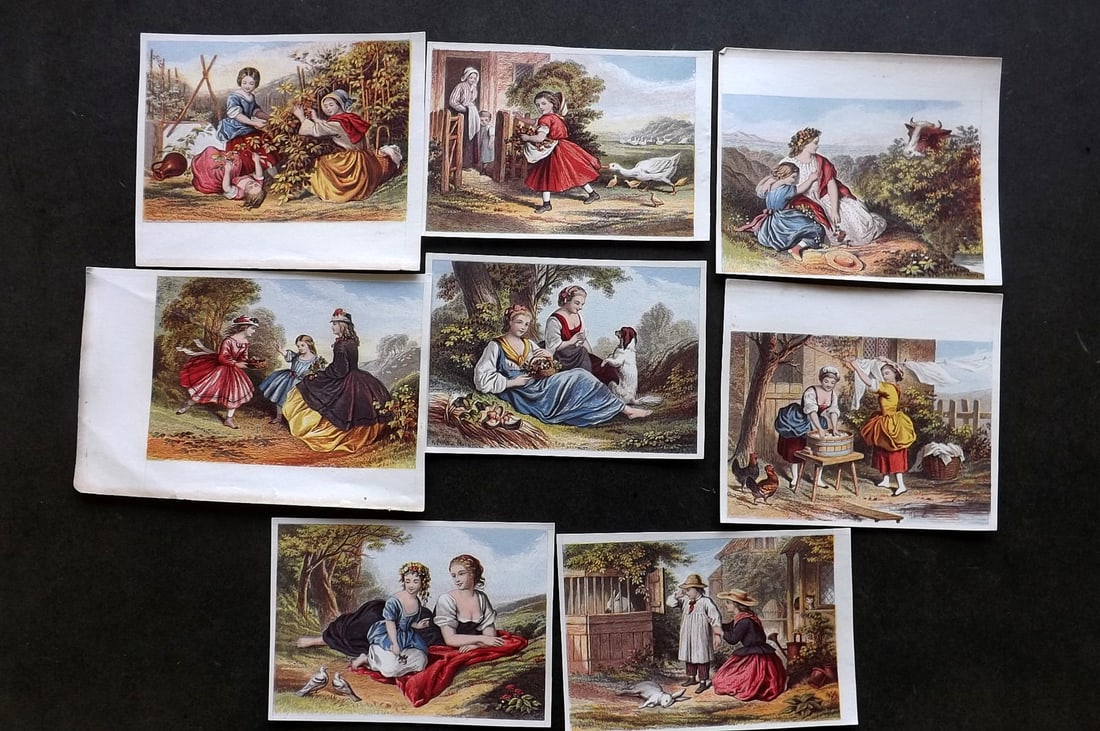 Baxter & Kronheim C1850's Lot of 8 Genre Oil Prints: Wax Oil Baxter Prints Published 1850's, London. Drawn and Engraved by Joseph Kronheim. Trimmed from a larger sheet. Paper Size: 4.5 x 4 inch (12 x 9.5cm) Good Condition