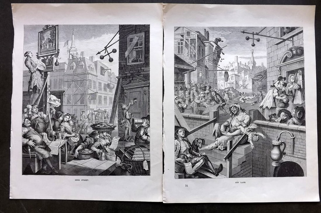 Hogarth, William 1874 Set of 2 Prints. Beer Street & Gin Lane (1 of 1)