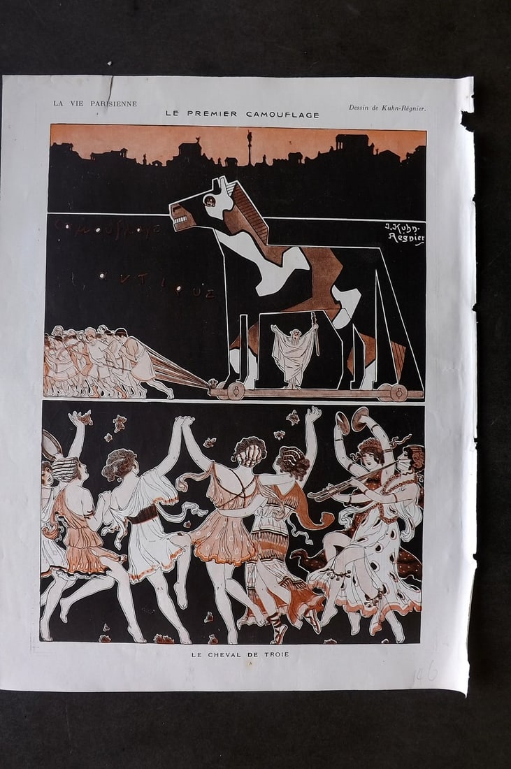 La Vie Parisienne 1917 Art Deco Print. Le Premier Camouflage by Kuhn-Regnier: Lithographs Published 1917, Paris for "La Vie Parisienne" Illustrated by Lissac, Barbier, Vallet, Valee, Prejelan, Herouard, Fournier, Kuhn-Regnier, Georges L?onnec and others. Verso text, but none sh