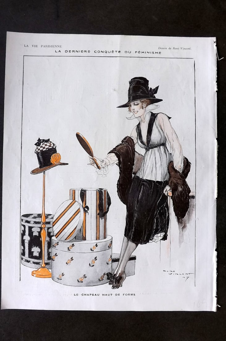 La Vie Parisienne 1917 Art Deco Print. La Derniere Conquete du Feminisme by Vincent: Lithographs Published 1917, Paris for "La Vie Parisienne" Illustrated by Lissac, Barbier, Vallet, Valee, Prejelan, Herouard, Fournier, Kuhn-Regnier, Georges L?onnec and others. Verso text, but none sh