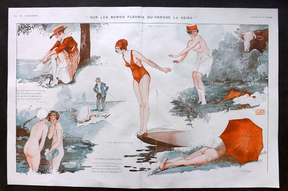 La Vie Parisienne 1917 Art Deco Double Print. Sur les Bords Fleuris Qu'Arrose la Seine by Leonnec: Lithographs Published 1917, Paris for "La Vie Parisienne" Illustrated by Lissac, Barbier, Vallet, Valee, Prejelan, Herouard, Fournier, Kuhn-Regnier, Georges L?onnec and others. Verso text, but none sh