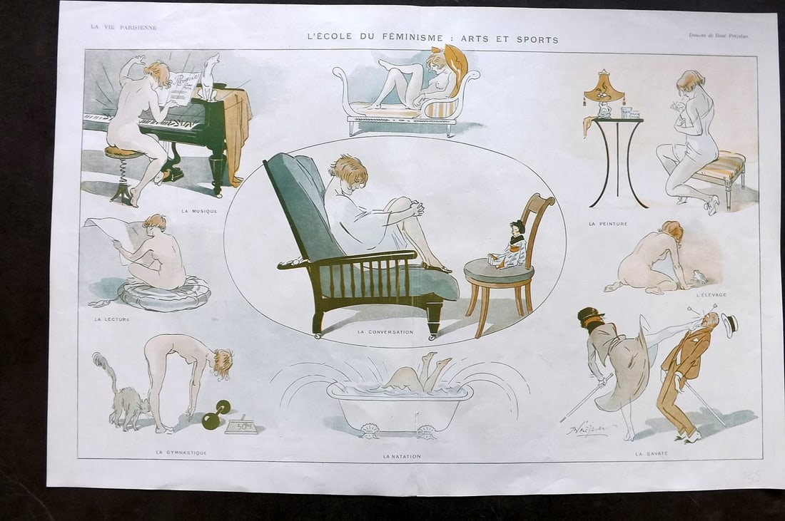 La Vie Parisienne 1917 Art Deco Double Print. L'Ecole du Feminisme by Prejelan: Lithographs Published 1917, Paris for "La Vie Parisienne" Illustrated by Lissac, Barbier, Vallet, Valee, Prejelan, Herouard, Fournier, Kuhn-Regnier, Georges L?onnec and others. Verso text, but none sh