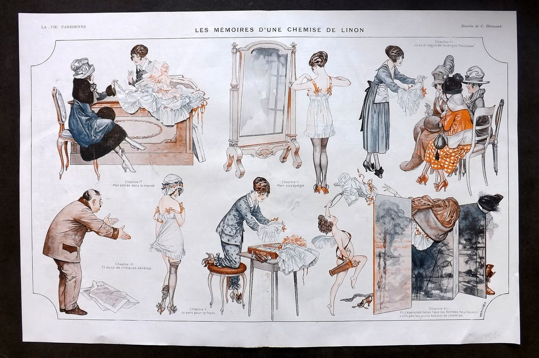 La Vie Parisienne 1917 Art Deco Double Print. Les Memoires d'Une Chemise de Linon: Lithographs Published 1917, Paris for "La Vie Parisienne" Illustrated by Lissac, Barbier, Vallet, Valee, Prejelan, Herouard, Fournier, Kuhn-Regnier, Georges L?onnec and others. Verso text, but none sh