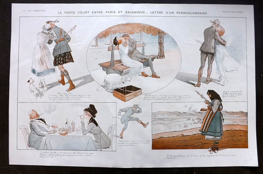 La Vie Parisienne 1917 Art Deco Double Print. La Poste Court Entre Paris by Rene Prejelan (1 of 1)